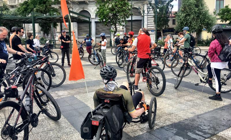 Cyclists gathering for a group ride