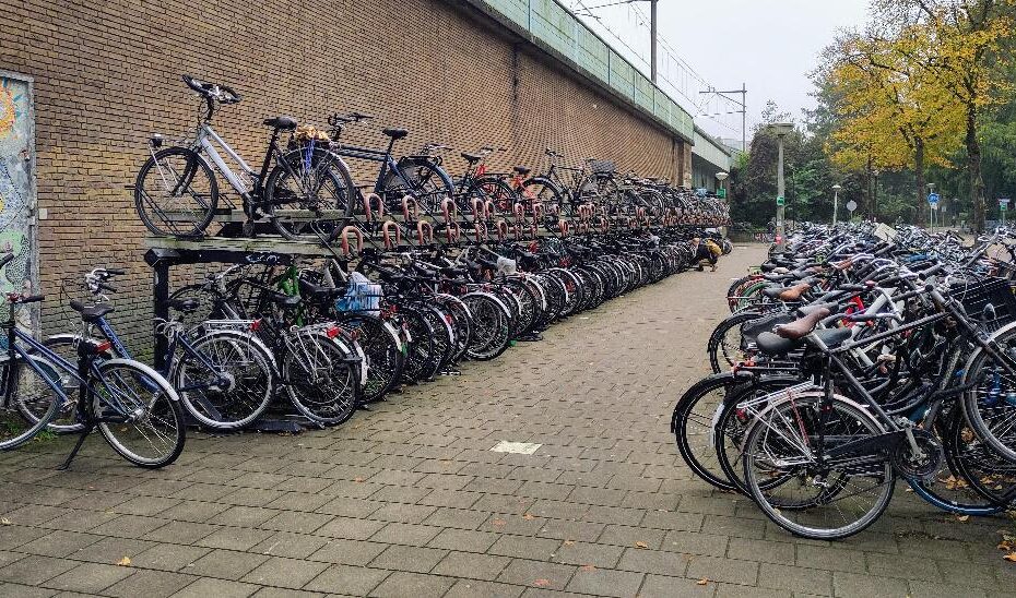 Bikes at a train station in Amsterdam