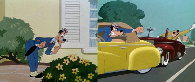 Polite pedestrian Goofy on the left, angry and irresponsible driver Goofy on the right