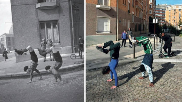 Old photo of Paris street, and the same photo recreated by kids now