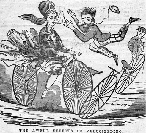A Victorian cartoon showing a woman riding her bike carelessly